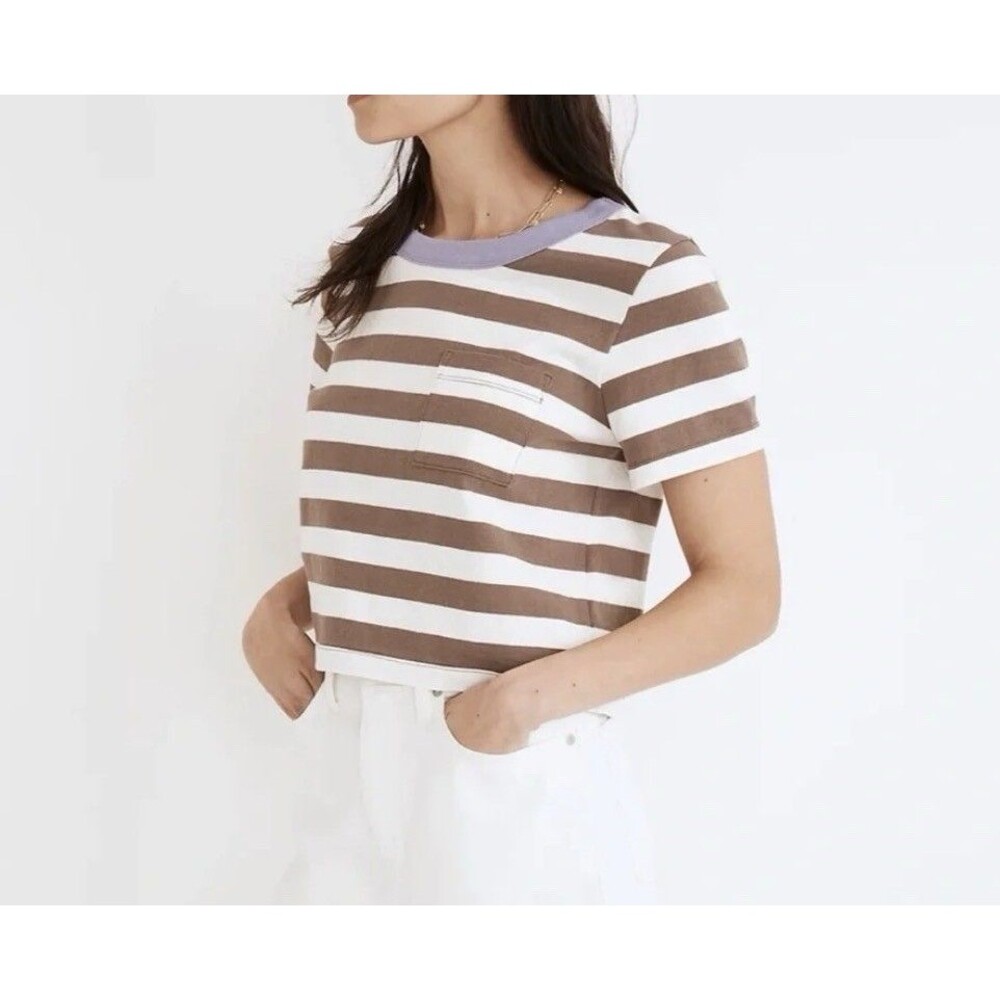 Madewell Women's Castlerock Striped 100% cotton Cropped Tee top Small Pocket